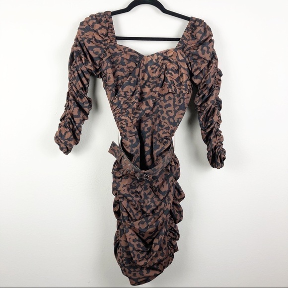 Nicholas Gathered Ruched Belted Leopard Print Mini Dress Brown Cocktail Party - Picture 2 of 9